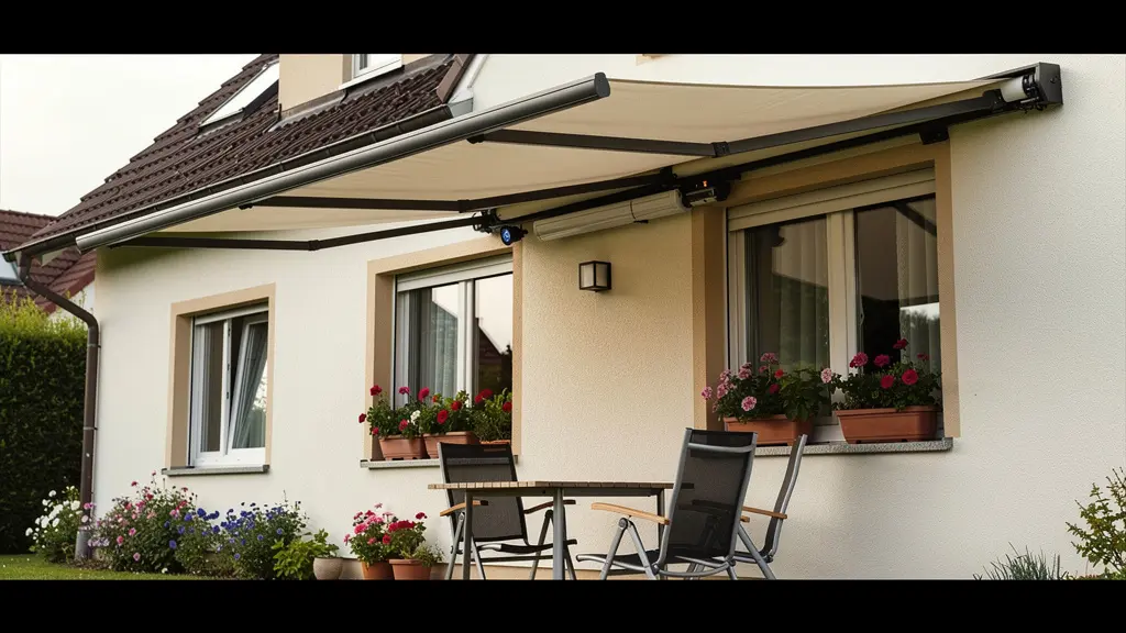 Store banne déployé sur terrasse en été avec motorisation solaire visible