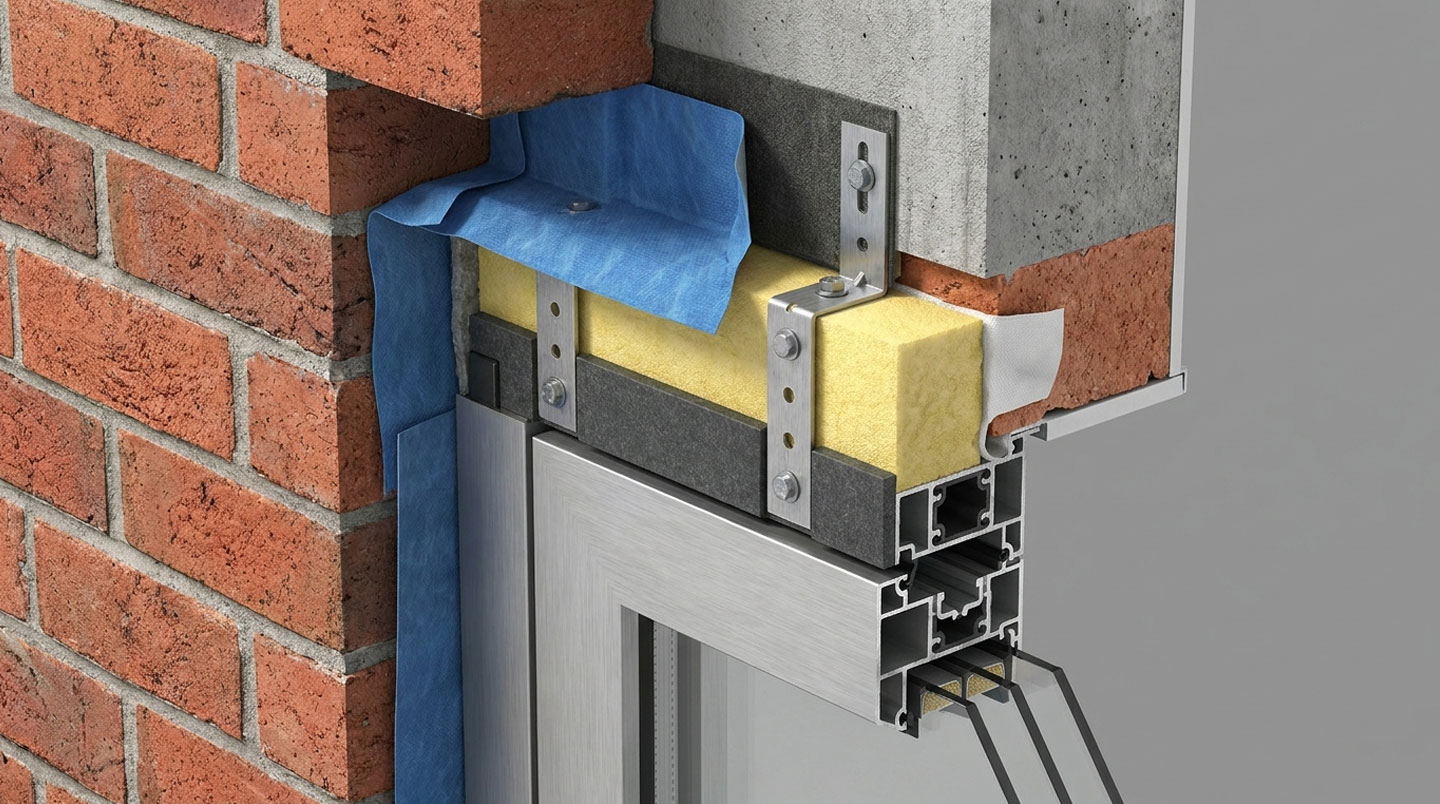 Coupe technique verticale détaillant les trois couches de l'étanchéité de fenêtre : membrane pare-vapeur intérieure, mousse polyuréthane centrale et joint EPDM extérieur