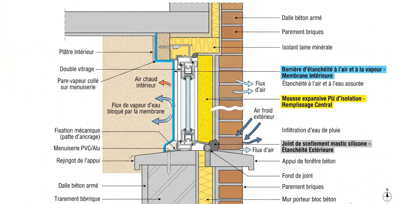 Coupe technique verticale détaillant les trois couches de l'étanchéité de fenêtre : membrane pare-vapeur intérieure, mousse polyuréthane centrale et joint EPDM extérieur