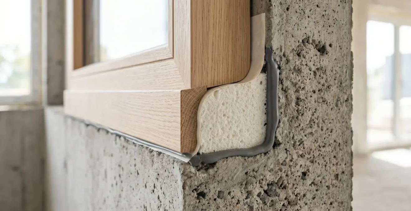 Vue en coupe macro d'une jonction fenêtre-maçonnerie montrant les trois couches d'étanchéité superposées : membrane pare-vapeur, mousse polyuréthane et joint silicone extérieur