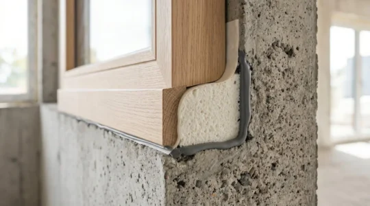 Vue en coupe macro d'une jonction fenêtre-maçonnerie montrant les trois couches d'étanchéité superposées : membrane pare-vapeur, mousse polyuréthane et joint silicone extérieur