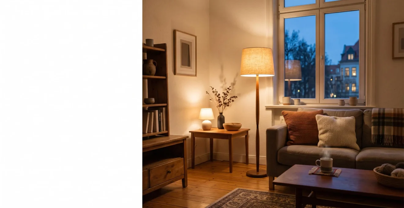 Salon baigne d'une lumiere tamisee chaleureuse creee par plusieurs lampes d'appoint superposees