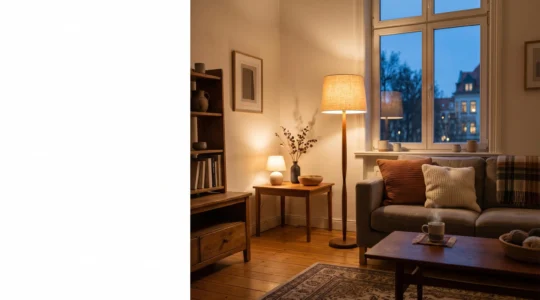 Salon baigne d'une lumiere tamisee chaleureuse creee par plusieurs lampes d'appoint superposees