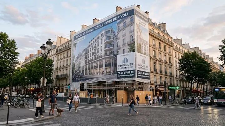 Immeuble en rénovation avec grande bâche de chantier personnalisée affichant le projet final