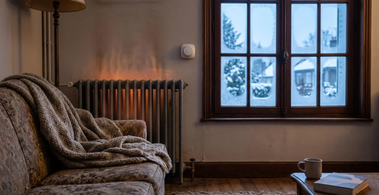 Interieur chaleureux d'un salon en hiver avec radiateur et lumiere douce illustrant les economies de chauffage sans perte de confort