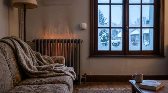 Interieur chaleureux d'un salon en hiver avec radiateur et lumiere douce illustrant les economies de chauffage sans perte de confort