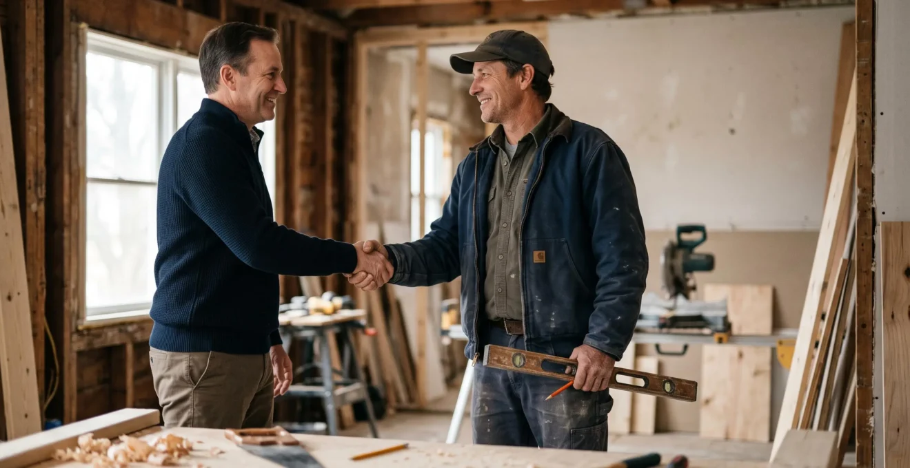 Poignée de main entre un particulier et un artisan menuisier devant un chantier de rénovation, symbolisant la confiance et la décision de faire appel à un professionnel