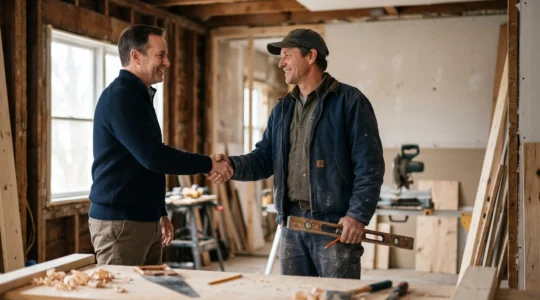 Poignée de main entre un particulier et un artisan menuisier devant un chantier de rénovation, symbolisant la confiance et la décision de faire appel à un professionnel