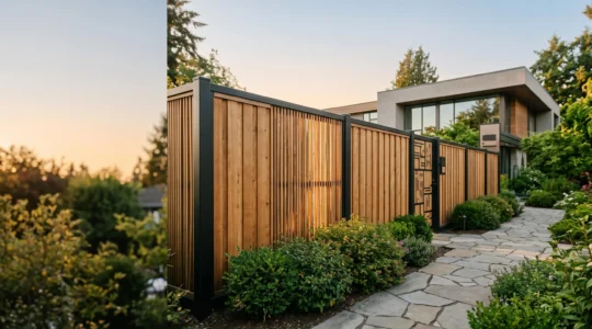 Cloture de jardin en bois clair associant securite, intimite et harmonie avec une maison contemporaine