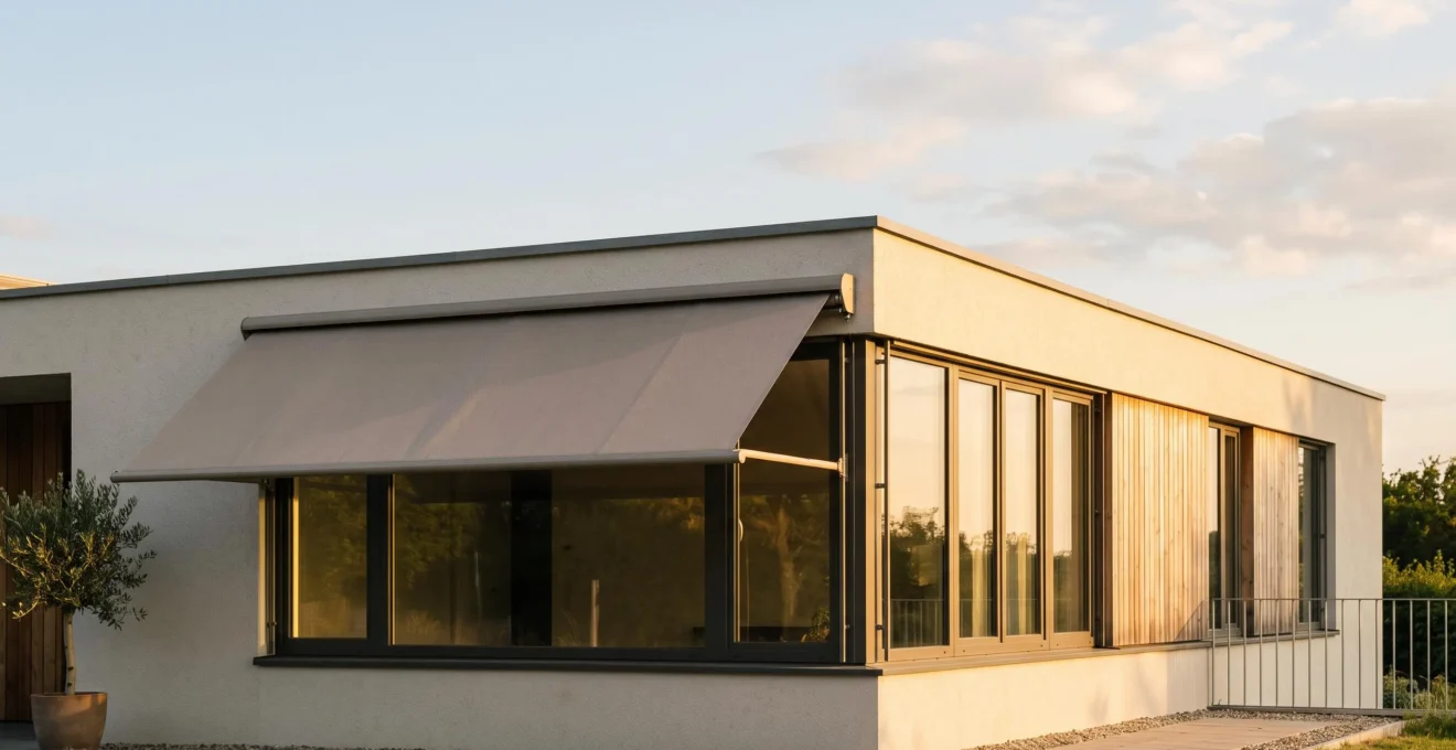 Façade de maison moderne équipée d'un store extérieur déployé protégeant une baie vitrée de la chaleur estivale