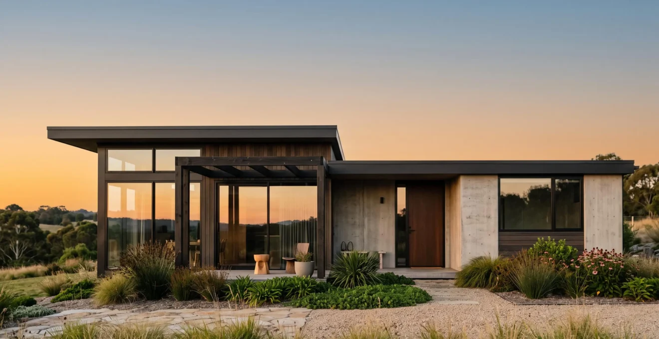 Façade contemporaine avec larges baies vitrées en aluminium et lumière naturelle en fin de journée