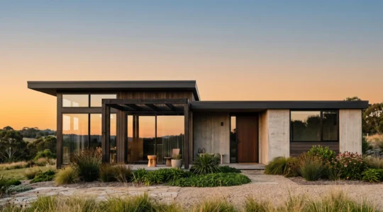 Façade contemporaine avec larges baies vitrées en aluminium et lumière naturelle en fin de journée