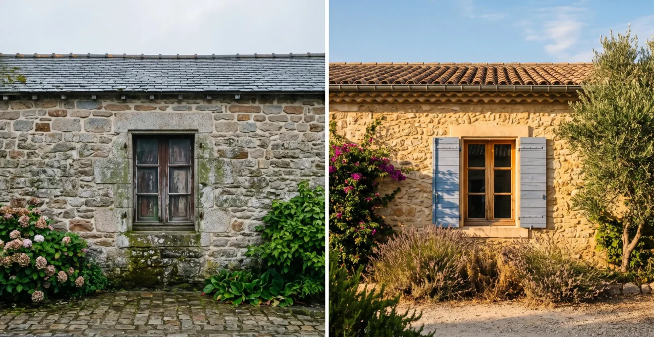 Comparaison visuelle entre une fenêtre de style breton et une fenêtre de style provençal, illustrant le choix du matériau selon le climat