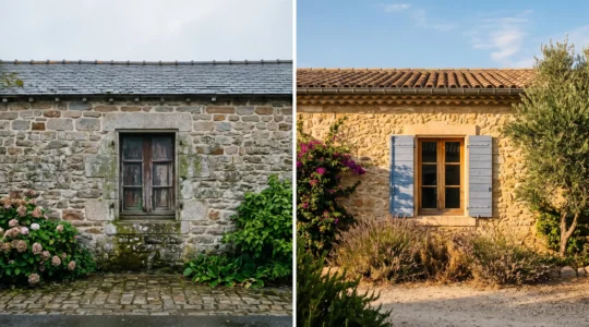 Comparaison visuelle entre une fenêtre de style breton et une fenêtre de style provençal, illustrant le choix du matériau selon le climat