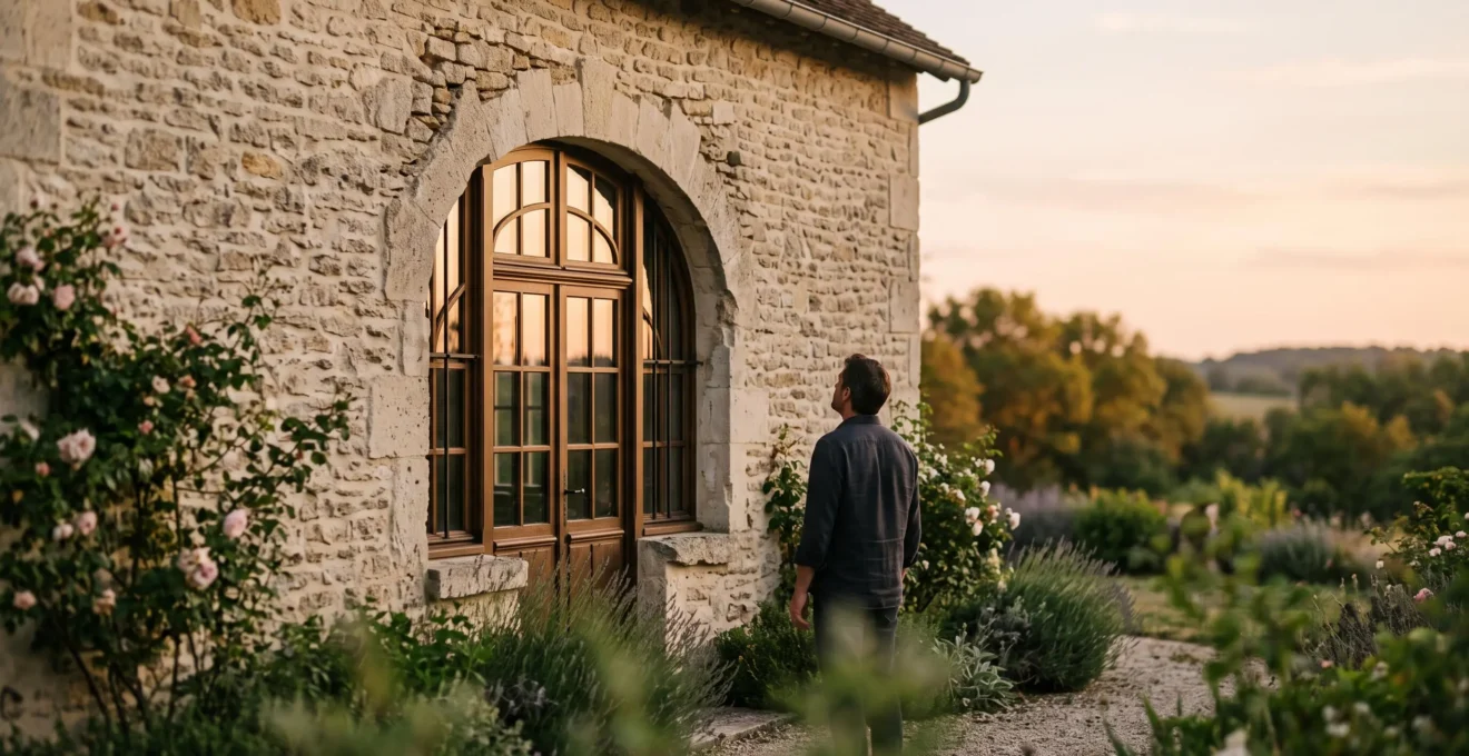 Façade de maison de caractère mettant en valeur une fenêtre sur-mesure baignée de lumière naturelle