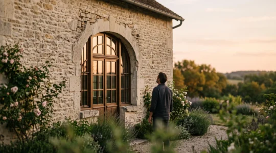 Façade de maison de caractère mettant en valeur une fenêtre sur-mesure baignée de lumière naturelle