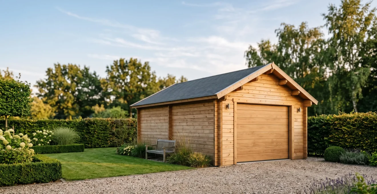 Garage en bois préfabriqué aux madriers massifs, intégré avec élégance dans un jardin résidentiel au crépuscule