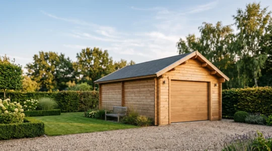 Garage en bois préfabriqué aux madriers massifs, intégré avec élégance dans un jardin résidentiel au crépuscule