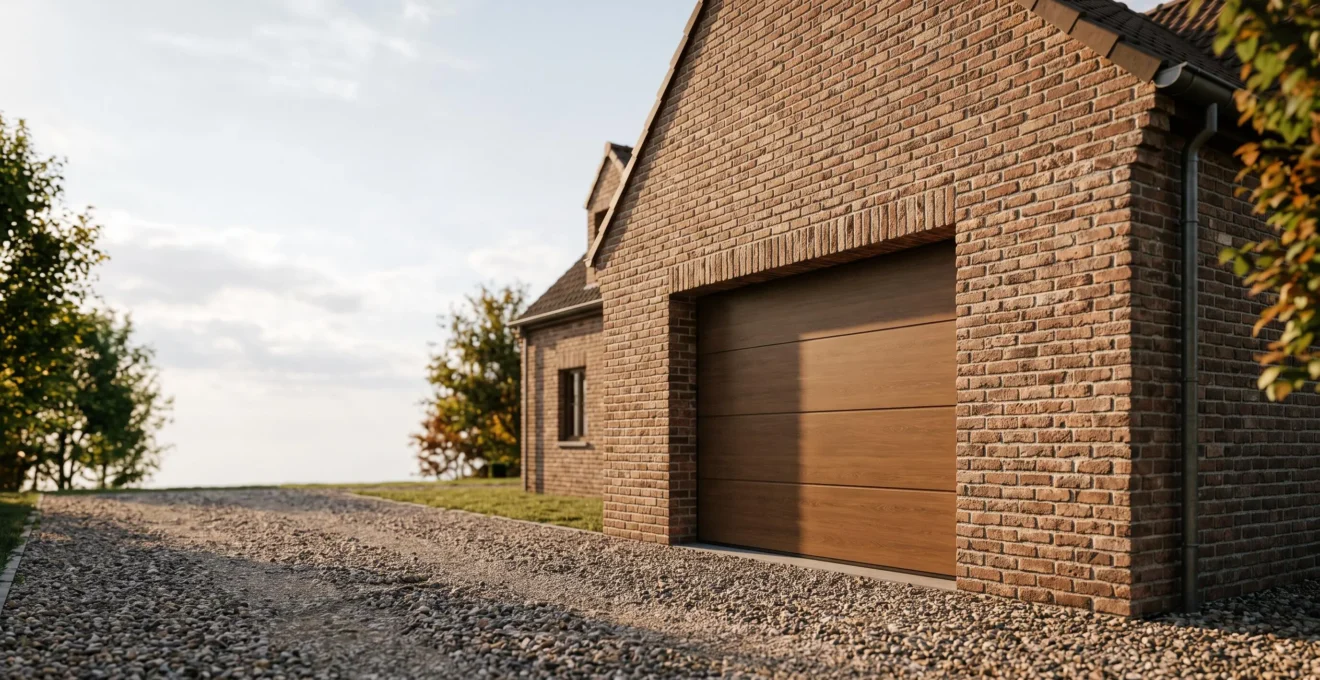 Garage en brique rouge patinee accole a une maison, illustrant robustesse et cachet intemporel