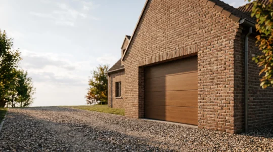 Garage en brique rouge patinee accole a une maison, illustrant robustesse et cachet intemporel