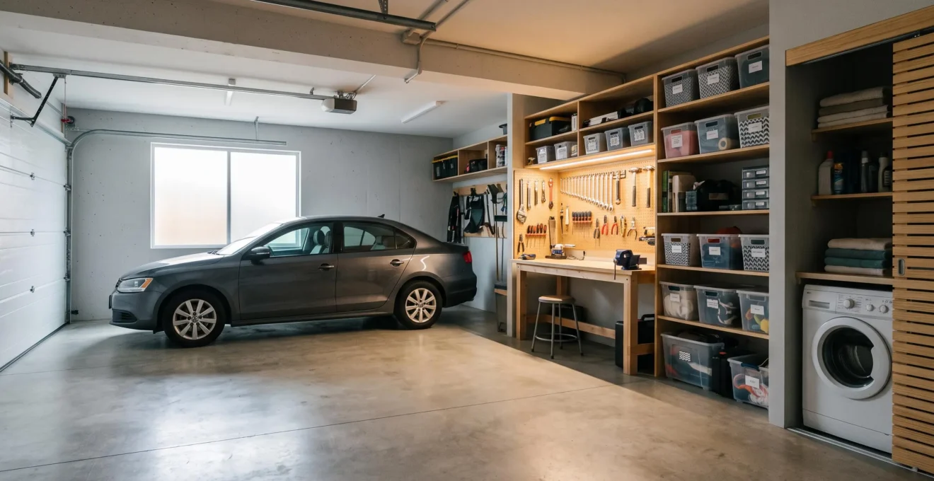 Garage rénové et organisé servant à la fois de parking, d'atelier de bricolage, d'espace de stockage et de buanderie