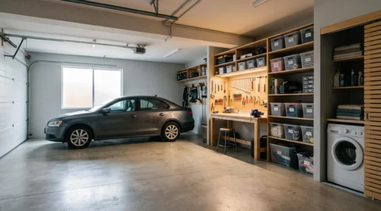 Garage rénové et organisé servant à la fois de parking, d'atelier de bricolage, d'espace de stockage et de buanderie