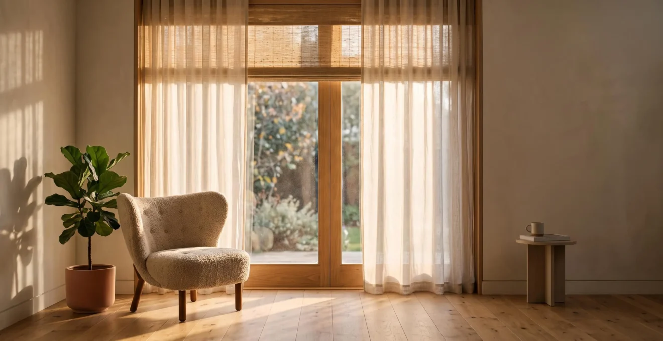 Grande fenêtre habillée de rideaux légers et d'un store laissant filtrer une lumière douce dans un salon épuré