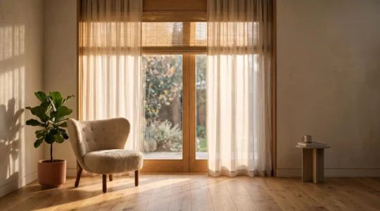 Grande fenêtre habillée de rideaux légers et d'un store laissant filtrer une lumière douce dans un salon épuré