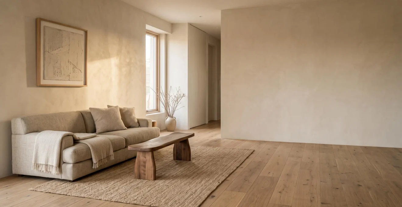 Salon au design épuré et minimaliste baigné de lumière naturelle, avec des matières chaleureuses qui évitent l'effet froid et impersonnel