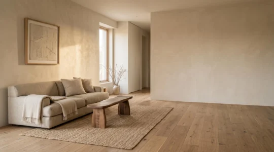 Salon au design épuré et minimaliste baigné de lumière naturelle, avec des matières chaleureuses qui évitent l'effet froid et impersonnel