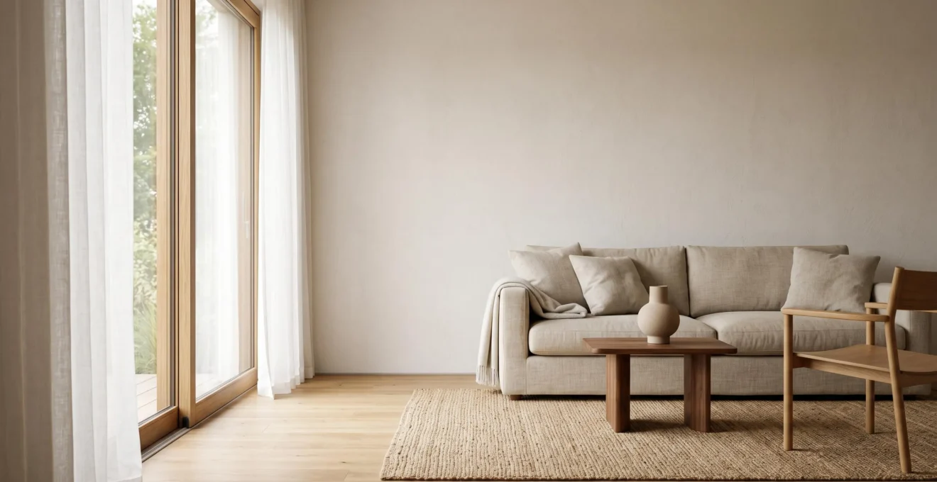 Salon lumineux et harmonieux mêlant matières naturelles, mobilier sculptural et lumière douce, sans surcharge décorative