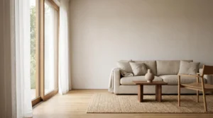 Salon lumineux et harmonieux mêlant matières naturelles, mobilier sculptural et lumière douce, sans surcharge décorative