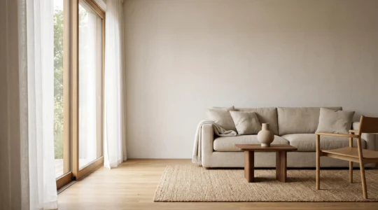Salon lumineux et harmonieux mêlant matières naturelles, mobilier sculptural et lumière douce, sans surcharge décorative
