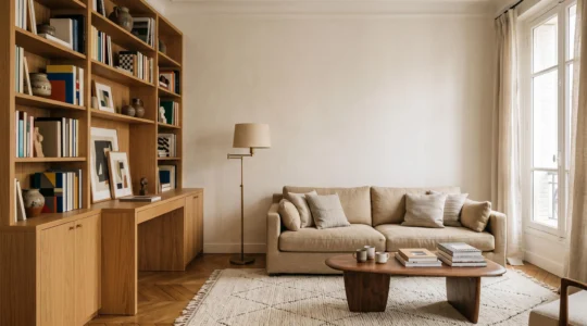 Salon chaleureux avec menuiserie sur mesure et matières nobles, alliant personnalisation et intemporalité