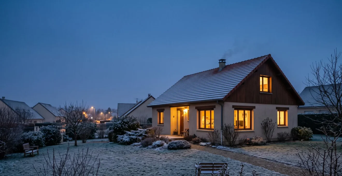 Maison confortable et chaleureuse en soirée d'hiver, contraste entre l'intérieur douillet et le froid extérieur, symbole d'économie d'énergie