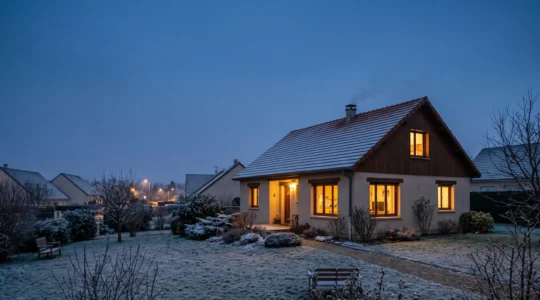 Maison confortable et chaleureuse en soirée d'hiver, contraste entre l'intérieur douillet et le froid extérieur, symbole d'économie d'énergie