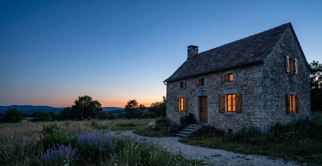 Maison traditionnelle en pierre au crépuscule illustrant les déperditions thermiques invisibles malgré une isolation apparente