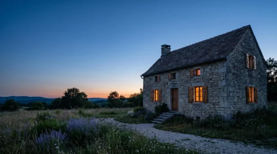 Maison traditionnelle en pierre au crépuscule illustrant les déperditions thermiques invisibles malgré une isolation apparente