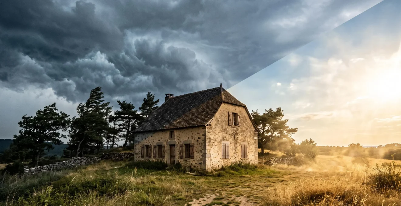 Maison traditionnelle photographiee sous un ciel partage entre orage menacant et chaleur ecrasante, symbolisant la double contrainte climatique