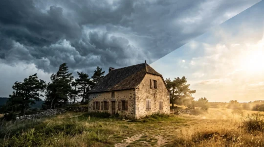 Maison traditionnelle photographiee sous un ciel partage entre orage menacant et chaleur ecrasante, symbolisant la double contrainte climatique