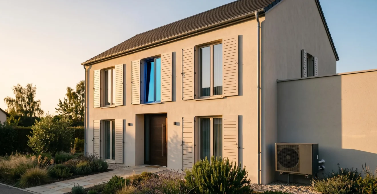 Facade d'une maison avec volets fermes en pleine chaleur estivale et unite exterieure de climatisation discrete, symbole d'une fraicheur maitrisee et economique