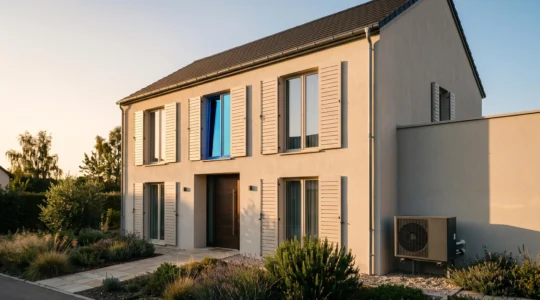 Facade d'une maison avec volets fermes en pleine chaleur estivale et unite exterieure de climatisation discrete, symbole d'une fraicheur maitrisee et economique