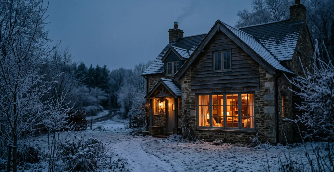 Maison confortable la nuit en hiver, lumière chaude intérieure contrastant avec le froid extérieur, symbole d'une isolation thermique et phonique efficace