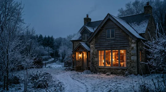 Maison confortable la nuit en hiver, lumière chaude intérieure contrastant avec le froid extérieur, symbole d'une isolation thermique et phonique efficace
