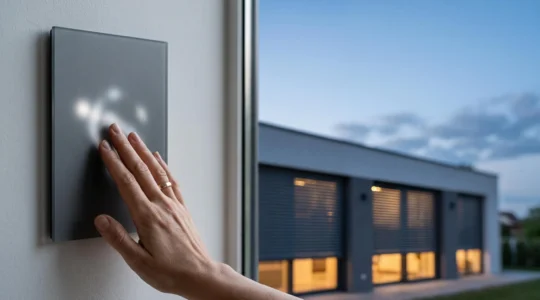 Facade d'une maison contemporaine avec des volets roulants en aluminium fermes au crepuscule, illustrant securite et isolation