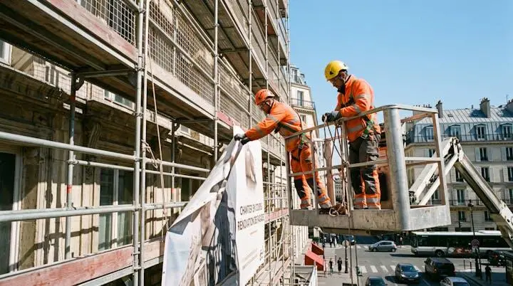 Ouvriers installant une bâche de chantier depuis une nacelle élévatrice sur échafaudage