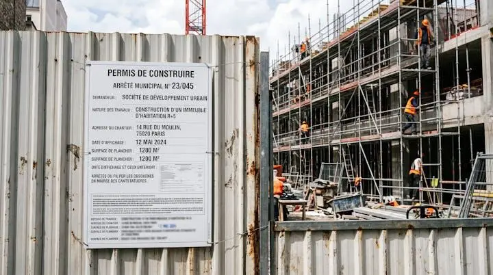 Panneau d'affichage réglementaire de chantier fixé sur clôture avec informations autorisation d'urbanisme
