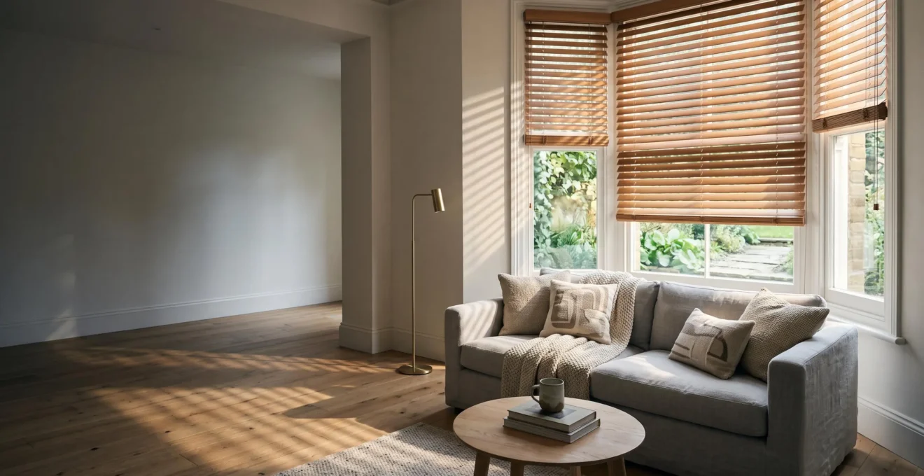 Salon baigné de lumière naturelle plein sud avec store extérieur partiellement déployé filtrant le soleil