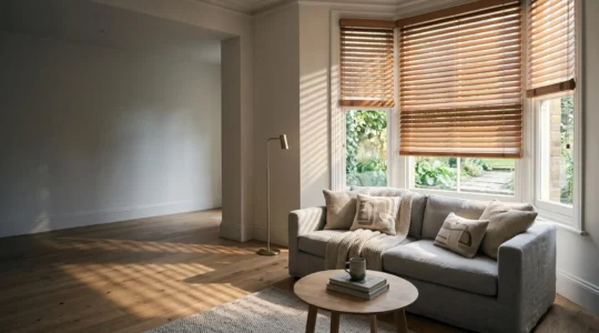 Salon baigné de lumière naturelle plein sud avec store extérieur partiellement déployé filtrant le soleil
