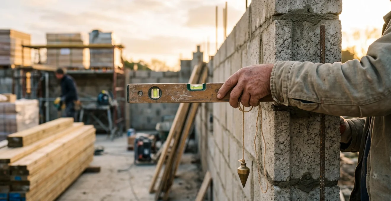 Vue symbolique du pilotage precis d'un chantier de garage, entre conformite technique et maitrise du budget